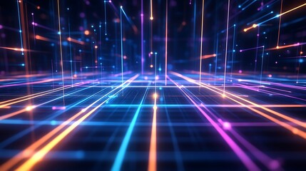 3d technology abstract neon light background, empty space scene, spotlight, dark night, virtual reality, cyber futuristic sci-fi background, street floor studio for mock up. colored geometric.