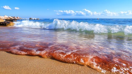 Calm Ocean Waves Lapping Against Shoreline on Sunny Day