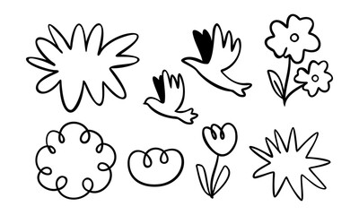 Freeform Doodle Elements of Birds Flowers and Circular Lines in Hand Drawn Style Vector Illustration