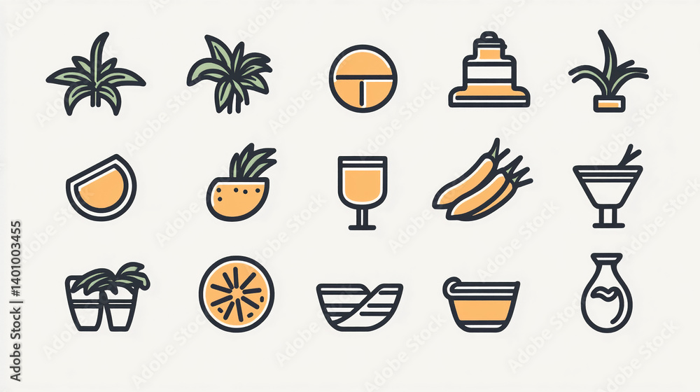 Poster vector graphic icon set with plants fruits and containers for web design and user interface design 1