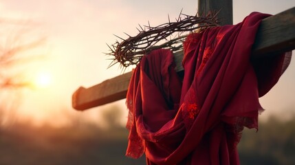 Cross with Crown of Thorns and Red Cloth at Sunset Remembrance