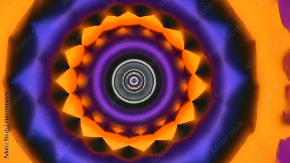 Poster abstract concentric purple and orange shapes creating a symmetrical tunnel effect with a dark circle
