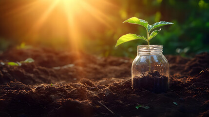 Young Sprout in Clear Jar on Dark Soil Lit by Golden Sunlight Representing New Life Growth and Nurturing Environment in Soft Warm Light
