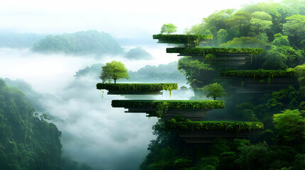 Layered Floating Platforms In Lush Rainforest Landscape