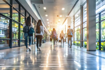 Abstract blur image of Business people walking at modern hallway with bokeh for background usage