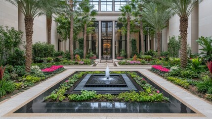 Grand indoor courtyard with fountain and lush landscaping