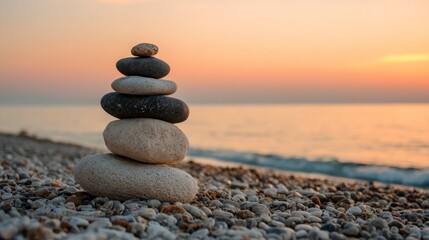 Fototapeta premium Stacking Stones on Pebble Beach at Sunset Creating Balanced Zen Art