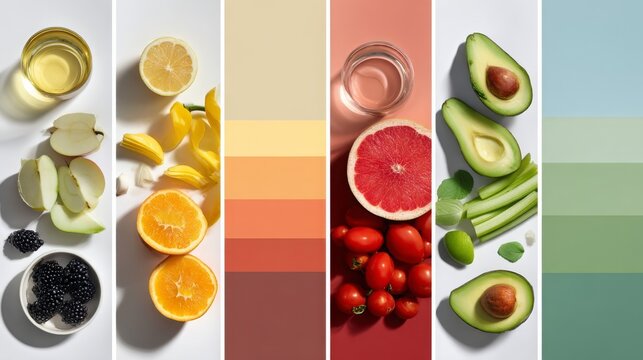Colorful Arrangement of Fresh Fruits and Juices on Background