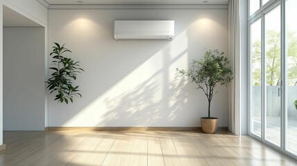 A sunlit room with a modern air conditioner and plants.