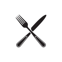 Simple black and white graphic of crossed fork and knife.