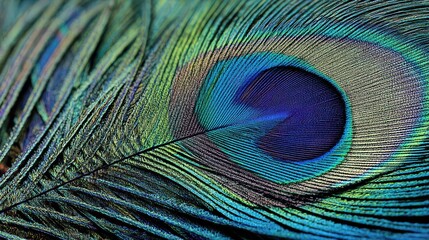 Obraz premium Macro photography of a peacock feather eye spot with vibrant blue, green, gold, and black hues
