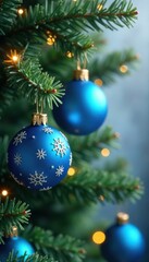 Hanging blue ornaments with snowflakes on a Christmas tree branch , tree, snowflakes