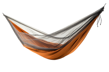 Relaxing orange hammock with grey mosquito net perfect for camping on transparent background