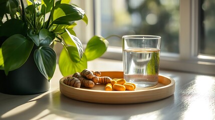 A wellness-inspired setup with turmeric capsules, fresh turmeric, and a glass of water on a bamboo tray, placed beside a green plant on a bright windowsill with diffused morning light.