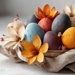 Obraz premium Vibrant clay eggs nestled among delicate blooms on a soft, neutral surface