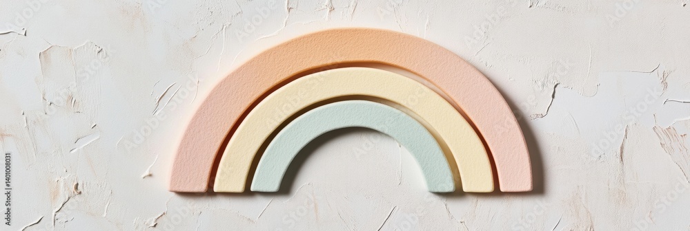 Poster pastel rainbow with neutral arcs crafted from felt, showcasing a clean minimal design for modern dec