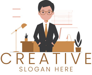 Professional Businessman Creative Office Workspace Design tie job desk suit flat team logo