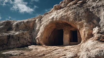 Exploring Ancient Caves in Rocky Landscape with Sunlight and Blue Sky