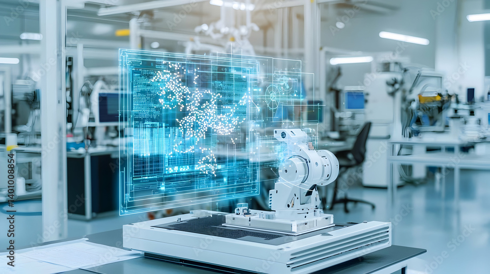 Poster modern robotic arm displaying digital interface in a clean industrial setting