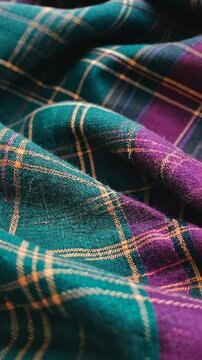 Close-up of folded green and purple plaid flannel fabric creates a textured pattern with intersecting lines and soft, cozy appearance