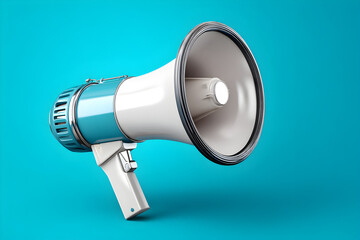 Loudspeaker on vibrant background, blue colored megaphone conveying messages, ideal for announcements and events, copy-space available.