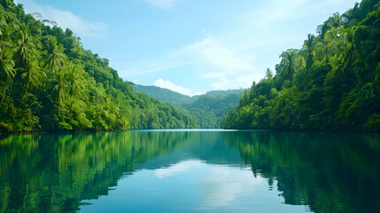 Serene Tropical River Valley With Lush Green Trees And Clear Water