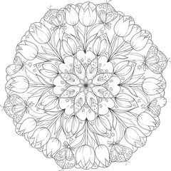Tulip Butterfly Mandala Coloring Page Children Spring Garden Design Art Therapy Kids Creative Outline Art