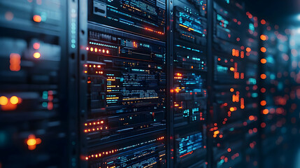 Close Up View Of Glowing Server Racks In Data Center