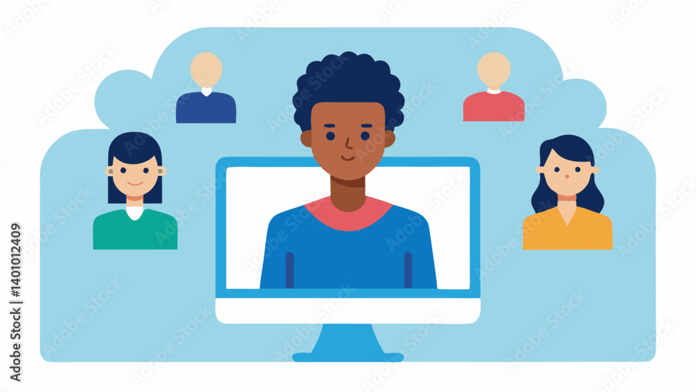 Poster hiring discrimination an showing a job applicant with diverse backgrounds facing a computer screen d