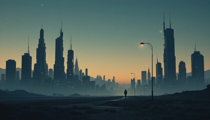 Solitary Figure in a Futuristic Cityscape at Dusk Digital Art