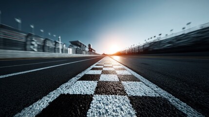 Crossing Checkered Finish Line on Racing Track During Bright Sunny Day