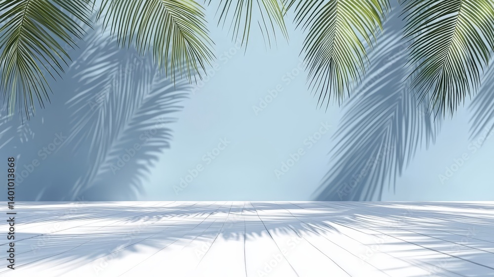 Aufkleber blue wall with palm trees and a white floor. the palm trees are casting shadows on the floor