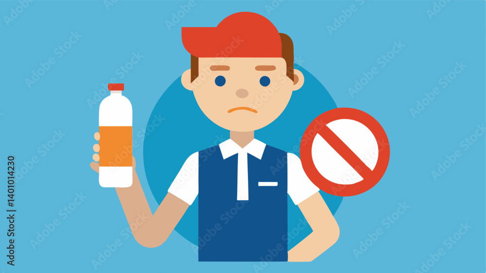 Poster lack of breaks a beleaguered fastfood worker clutching an empty water bottle in front of a no breaks