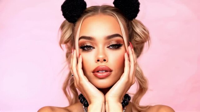 Attractive blonde woman with black pom poms, playful expression, touching her face against a pastel pink background.