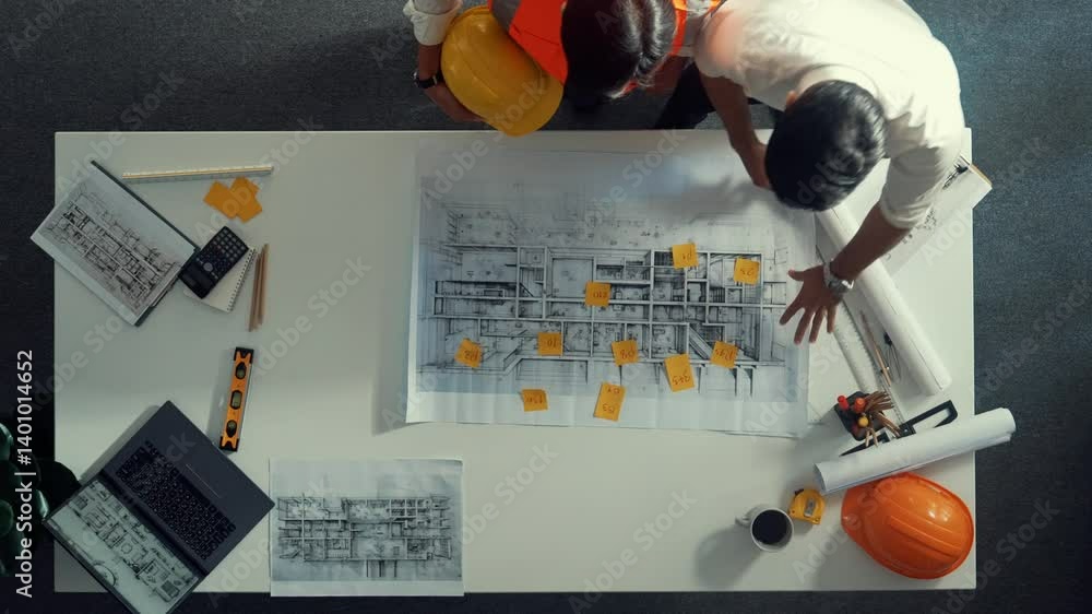 Aufkleber top down view of smart architect engineer place document at meeting table with safety helmet and pla
