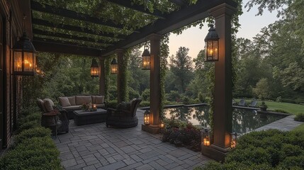 Obraz premium Serene Evening at a Luxurious Outdoor Patio with Pool and Pergola