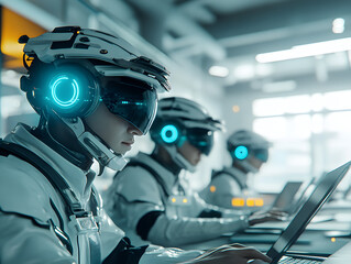 Fototapeta premium Futuristic Robots Working on Laptops in Modern Office Environment