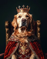 Royal pet dog portrait royalty. Regal Golden Retriever Portrait in Elaborate Crown and Robe