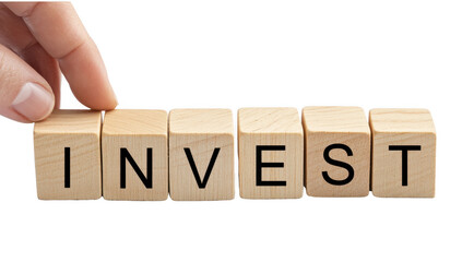 Invest wooden cube block on PNG background and hand for stock and asset.
