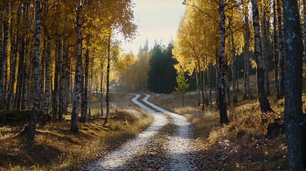 Obraz premium Golden Autumn Forest Path With Sunlight