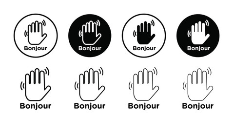 Bonjour text with hand wave icon Vector flat thin line illustration © Petsscouts
