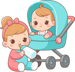 Two adorable babies, one in a stroller, share a bottle.
