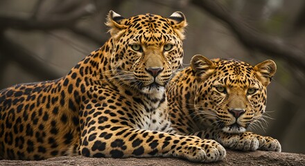 Fototapeta premium AI image Two alert leopards resting closely together on a rock, gazing intently with beautiful spotted coats and watchful eyes.