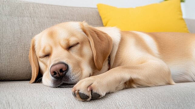 A peaceful golden Labrador Retriever dog sleeps soundly on a comfortable light grey couch with a yellow pillow nearby in a cozy home interior.