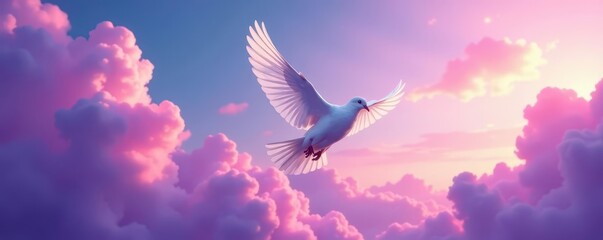 White dove in flight, wings outstretched, against vibrant purple clouds , image, tranquility, grace