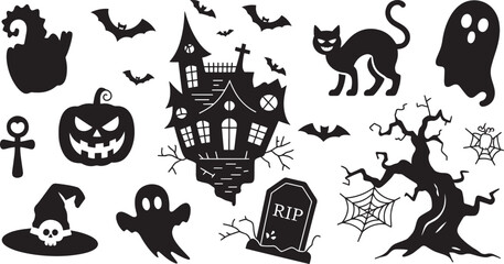 Obraz premium Happy Halloween set of black silhouette vector illustration isolated On Transparent Background