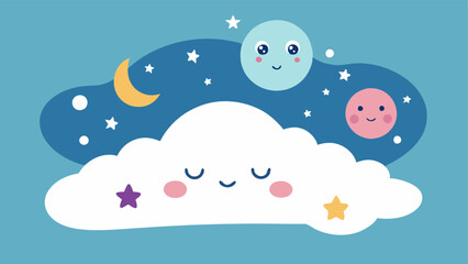Dream Cloud A soft whimsical cloud filled with various sleeping icons like stars moons and peaceful faces hovering above a figure lying in bed symbolizing positive dreams and