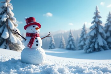 Obraz premium Snowman standing alone in a serene winter landscape with snow-covered trees and a bright blue sky, snowman, frozen lake