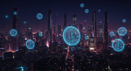 Futuristic city with floating bitcoin symbols. Perfect for cryptocurrency concepts, financial technology designs, and digital innovation projects.