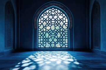 Fototapeta premium Ornate window with intricate geometric design casting patterned light on a blue tiled floor indoors